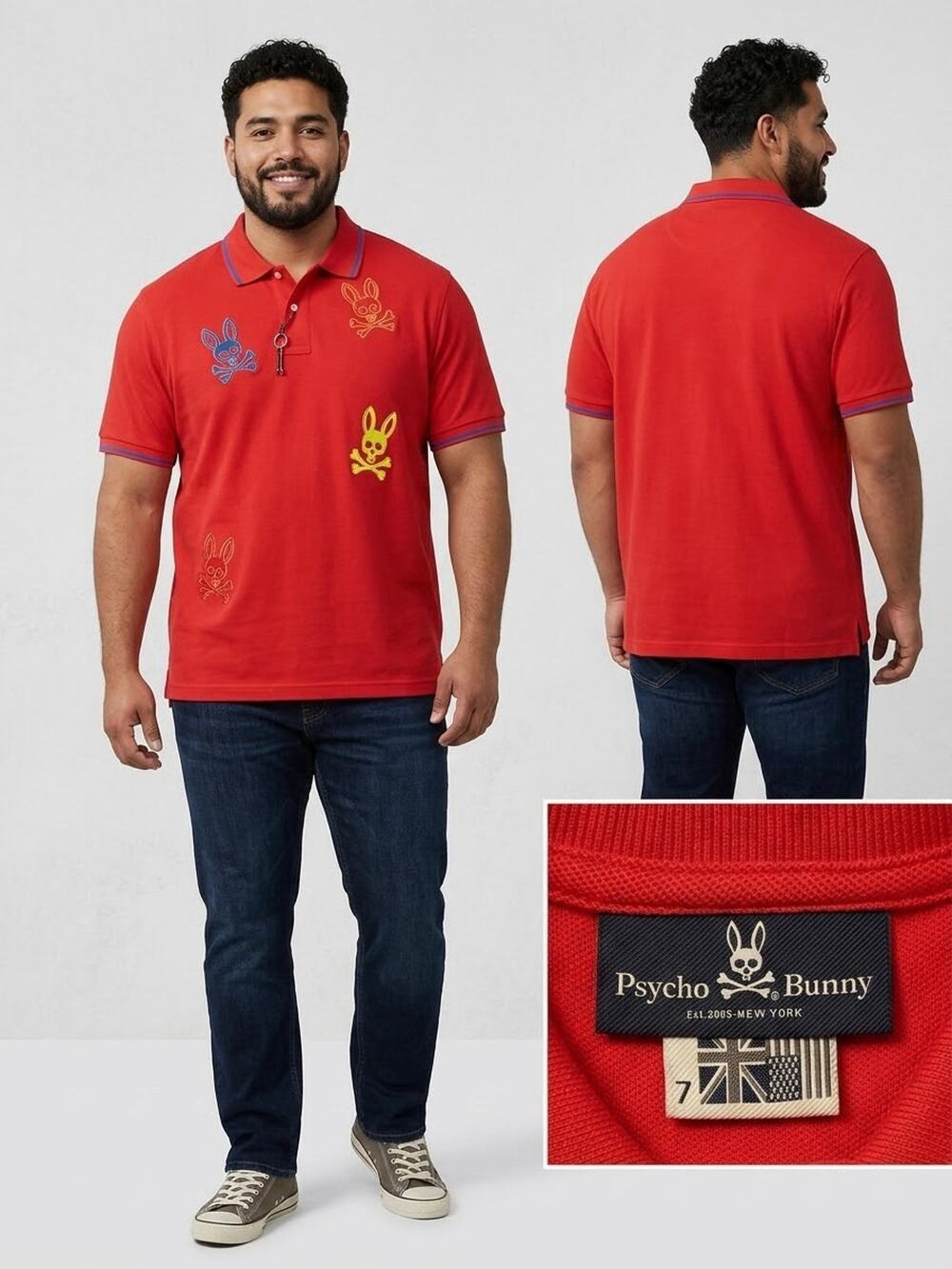 Psycho Bunny Men XL Red Keswick Polo Chicago All Over Bunny Pique Limited
